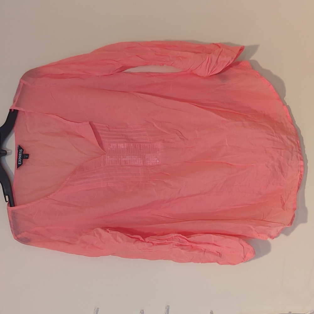 Express Coral Pink Silk Blend Sheer Sequin Pleated Split Neck Blouse - Size M